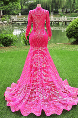 Elegant Hot Pink Mermaid Prom Dresses Sequin Evening Party Dress Pageant Dresses for Women