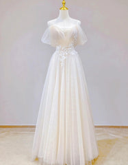 Elegant Ivory Tulle with Lace Long Off Shoulder Party Dress A-line Prom Dress prom dresses shops