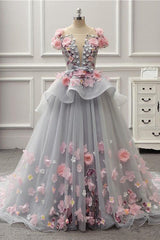 Elegant Lace-up Back Floral Appliques Grey Long Prom Dress