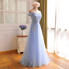 Elegant Light Blue Lace Applique Top Long Party Dress, Off Shoulder Bridesmaid Dress