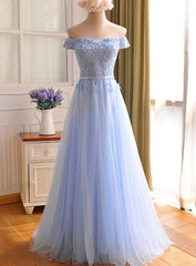 Elegant Light Blue Lace Applique Top Long Party Dress, Off Shoulder Bridesmaid Dress