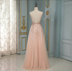 Elegant Long A-line V-neck Sequins Tulle Backless Prom Dress