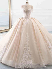 Elegant Long Ball Gown High Neck Tassel Sleeves Tulle Wedding Dresses