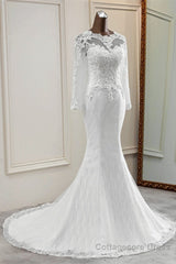 Elegant Long Mermaid Tulle Jewel Wedding Dress with Sleeves