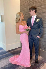 Elegant Mermaid Sequin Pink Long Prom Dresses Formal Dress