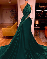 Elegant One Shoulder Mermaid Prom Dress Long Pleated with Beads