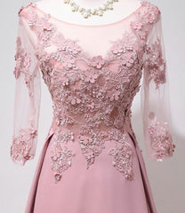 Elegant Pink Long Sleeves Lace Applique Long Party Dress, Pink Prom Dress