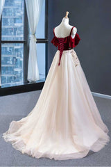 Elegant Straps Tulle with Velvet Red Long Prom Formal Dress,Maxi Dresses