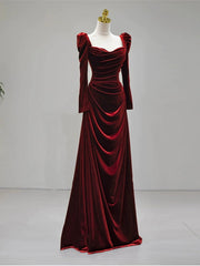 Elegant Wine Red Velvet Long Sleeves Formal Dress, Formal Wedding Party Dress