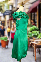 Emerald Green Sheath/Column Off-the-Shoulder Sleeveless Satin Short/Mini Homecoming Dress With Ruffles