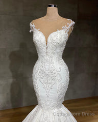 Exquisite Long Lace V-neck Sleeveless Mermaid Wedding Dresses