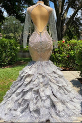 Fabulous Long Mermaid V-neck Sequined Beading Feather Tulle Prom Dress with Sleeves