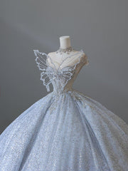 Fairytale Ball Gown Strapless Neckline Sequin Light Sky Blue Long Wedding Dresses Brides Dress