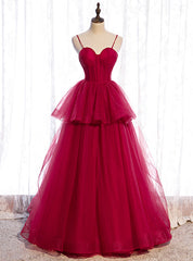 Fashion Burgundy Tulle Spaghetti Straps Long Prom Dress