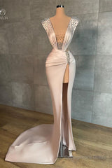 Fashion Long V-neck Split Front Mermaid Evening Prom Dresses With Rhinestones