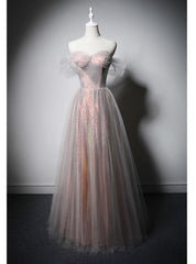 Fashion Pink Tulle Sequins Off the Shoulder Prom Dress