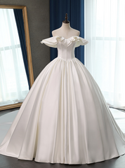 Fashion White Ball Gown Satin Off the Shoulder Wedding Dress With Long Train With Long Train