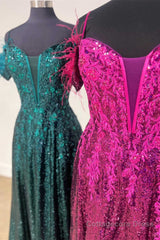 Feathered Cold Shoulder Sequin Long Prom Dress with Appliques