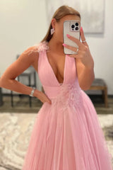 Feathers Backlesss Pink Plunging V-Neck Tulle Long Formal Dress