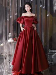 Burgundy Satin Long A-Line Formal Prom Dress