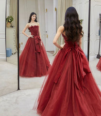 Burgundy tulle long prom dress A line evening dress