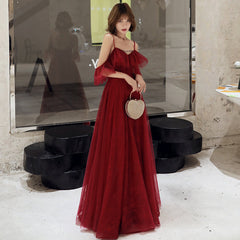 Burgundy lace long prom dress simple evening dress