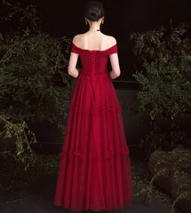 Burgundy tulle off shoulder prom dress evening dress