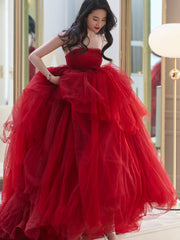 Red tulle long A line prom dress red evening dress