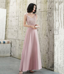 Pink V-neck long prom dress A-line evening dress