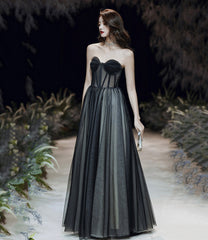 Black tulle long prom dress A line eveing dress