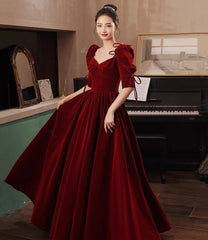 Burgundy velvet long prom dress A-line evening dress