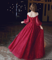 Burgundy lace long prom dress A line evening dress