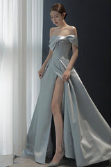 Blue satin long prom dress A line evening dress