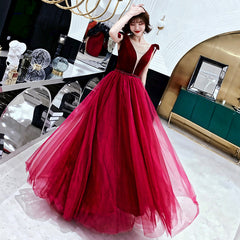 Burgundy velvet tulle long prom dress party dress