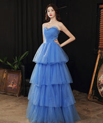 Blue tulle long prom dress blue evening dress