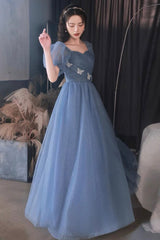 Blue tulle long prom dress A lin evening dress