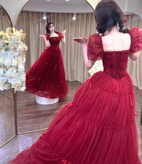 Burgundy tulle sequins long prom dress A-line evening dress