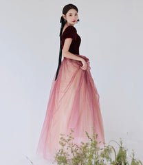 Burgundy velvet tulle long prom dress evening dress