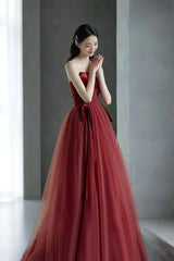 Burgundy tulle sequins long prom dress evening dress