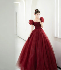 Burgundy Tulle Beaded Long Prom Dress, Beautiful A-Line Evening Party Dress