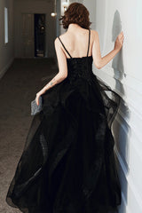 Black v neck lace long prom dress A line evening dress