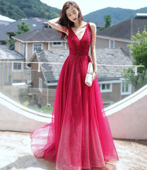 Red tulle beads long prom dress red evening dress