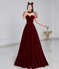 Cute velvet long prom dress burgundy A line evening dress