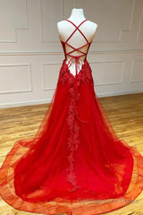 Red Long Prom Dresses Chic & Modern Lace Applique Straps Formal Dress