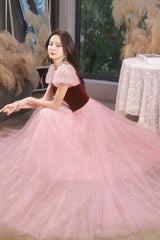 Pink tulle long A-line prom dress pink evening dress