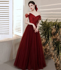 Burgundy tulle long prom dress A-line evening dress