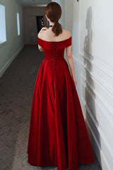 Burgundy satin beads long prom dress evening dress