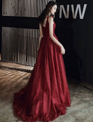 Burgundy tulle long prom dress party dress