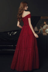 Burgundy tulle off shoulder prom dress evening dress