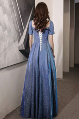 Blue satin long prom dress A line evening dress